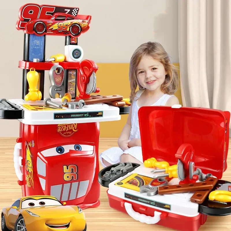 Disney-Cars Lightning McQueen Toolbox Toy Set for Kids, Mickey Mouse Simulado Kitchen Set, Play House Toolbox Toy, Baby Gift, 3 em 1