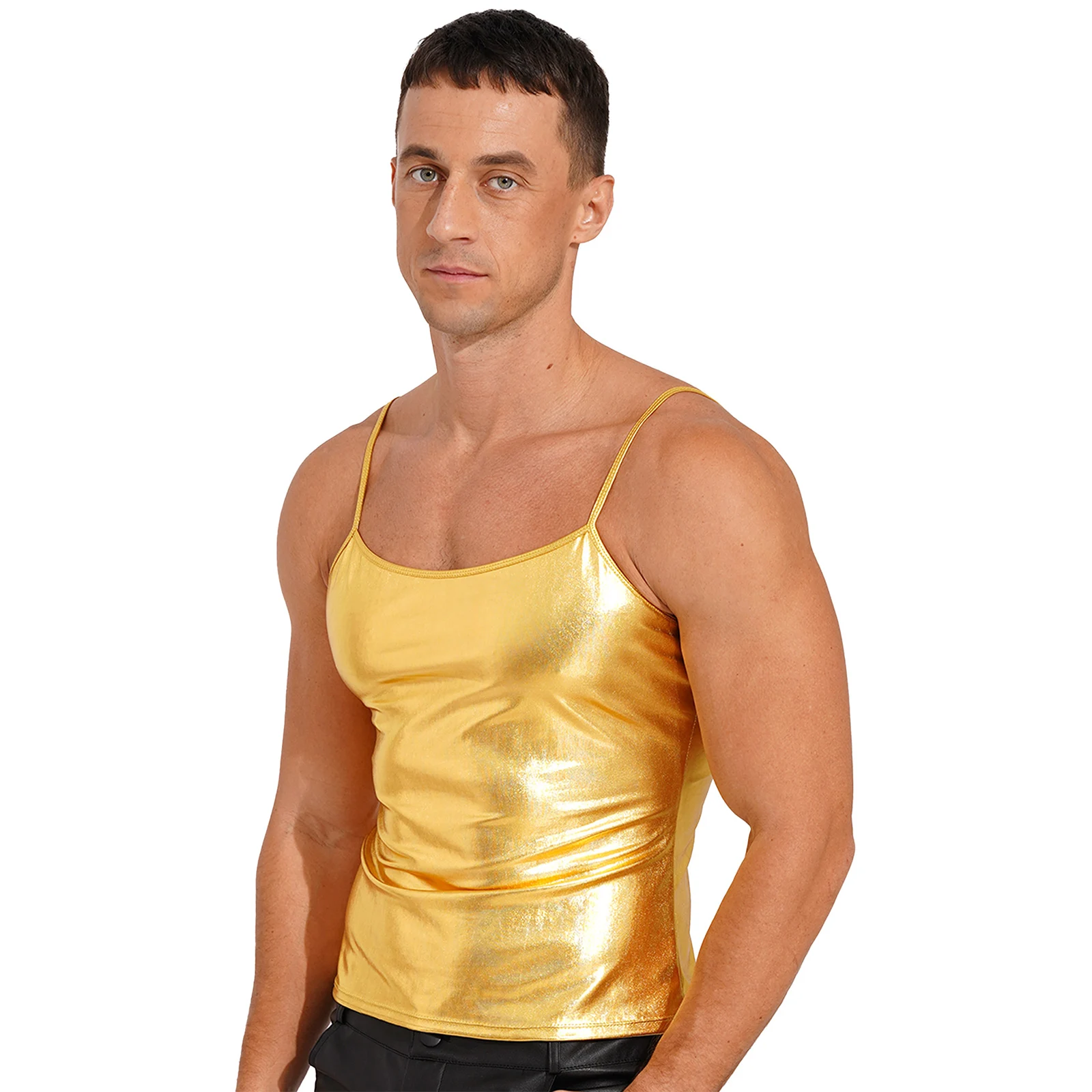 Moldeador de cuerpo de charol brillante para hombre, chaleco de culturismo, Top metálico de Hip Hop, disfraz de Jazz, Rave, Pole Dance, camisola de