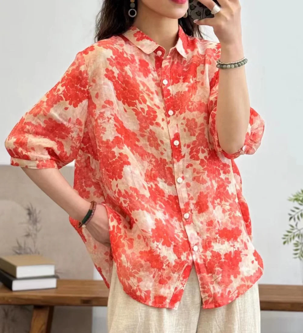 100% Linen print shirt and blouses for women autumn summer breathable half sleeve lapel floral shirts vintage clothing