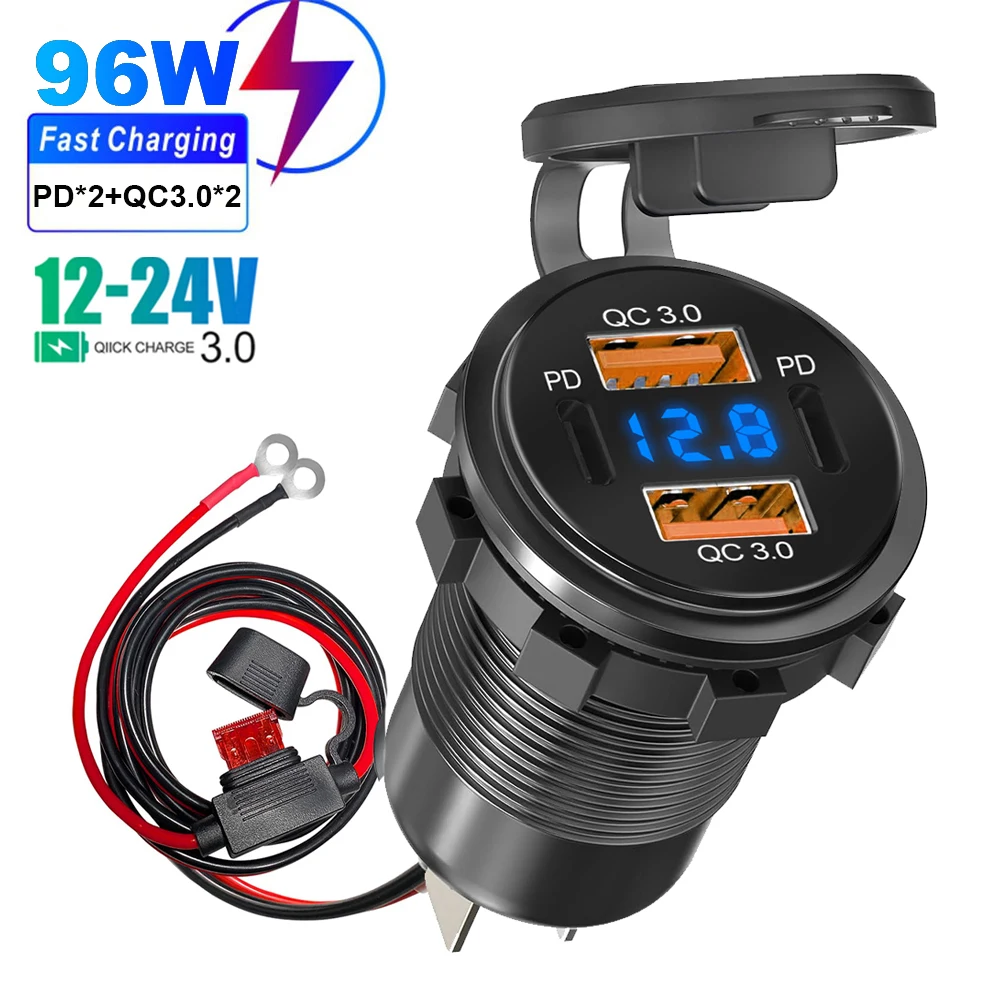 96W 4-Ports USB Car Charger Dual QC 3.0 PD Fast Charger Socket Power Outlet Adapter with LED Voltmeter for Car Boat Motorcycle