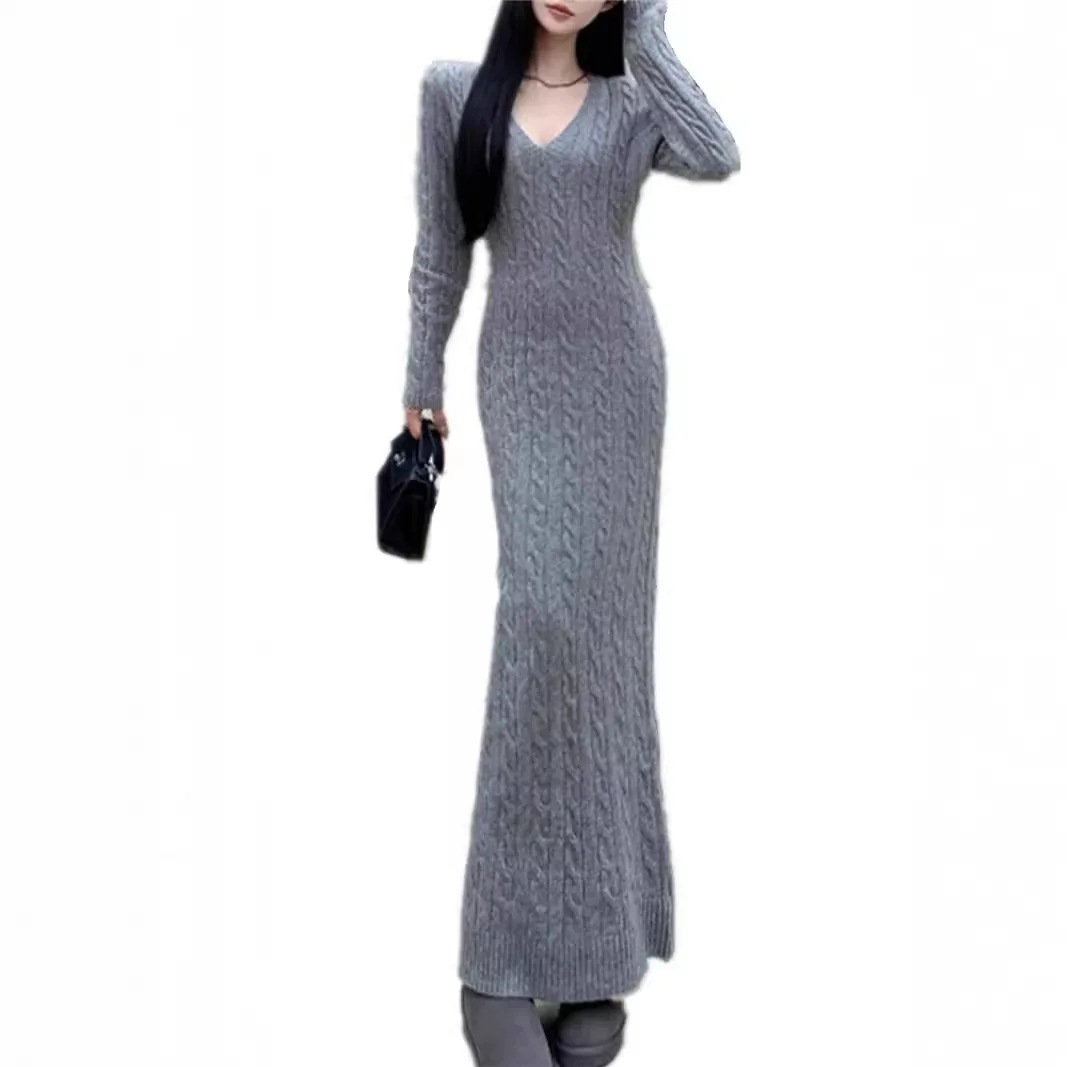 

2024 Autumn and Winter New Solid Fried Dough Twists Knitted Dress V-Neck Slim Fashion Women's Long Sleeve Long Dress