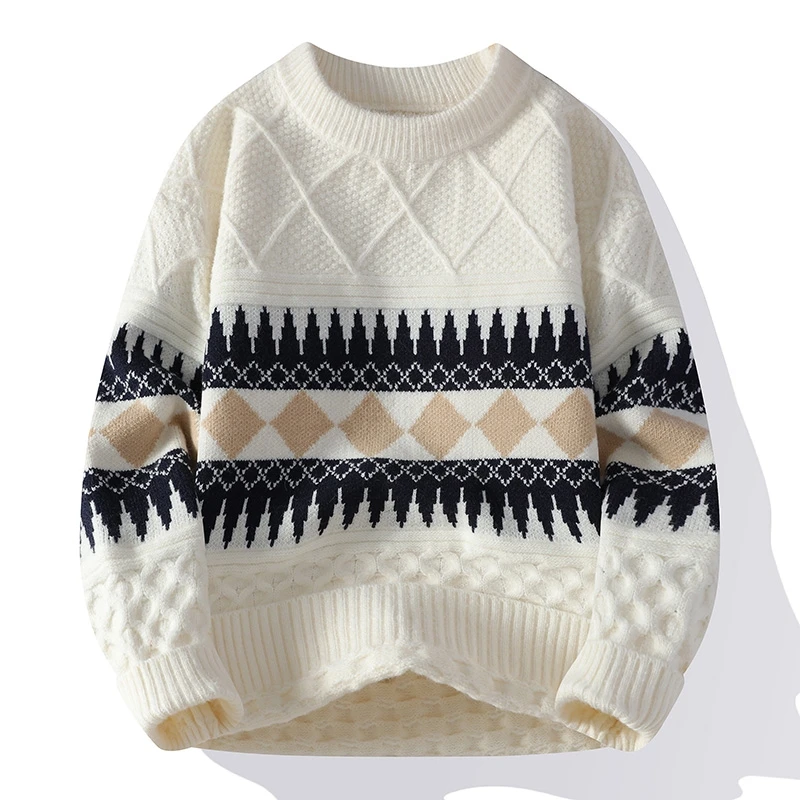 남성 가을 겨울 긴팔 니트 스웨터 라운드넥 자카드 기하학 무늬 풀오버 레저 패션 트렌드 청년 남성 의류 상의