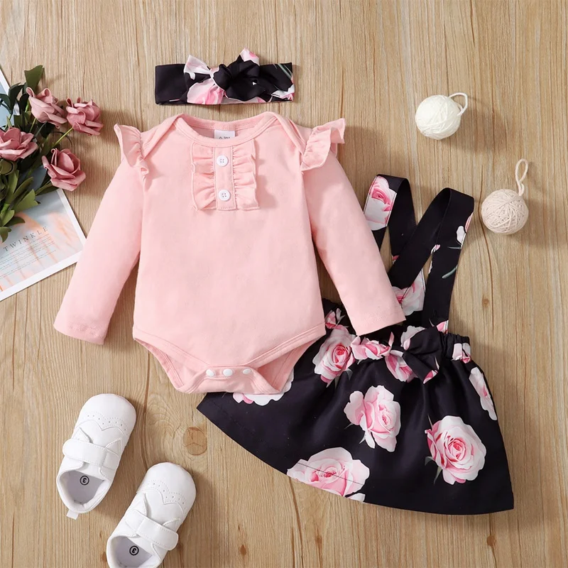 3PCS Baby Girl Dress Set Long Sleeves Bodysuit+Rose Floral Suspender Skirt+Headband Fashion Outfits for Toddlers 0-18 Months