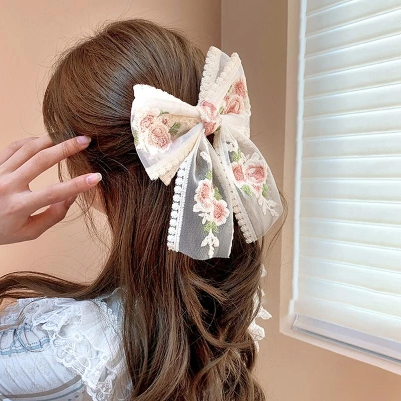 G92D Lace Bows Elegant 2000s Side Clip Bows Hair Clip Sweet Girls Floral Embroidered Flower Large Bowknot Balletcore
