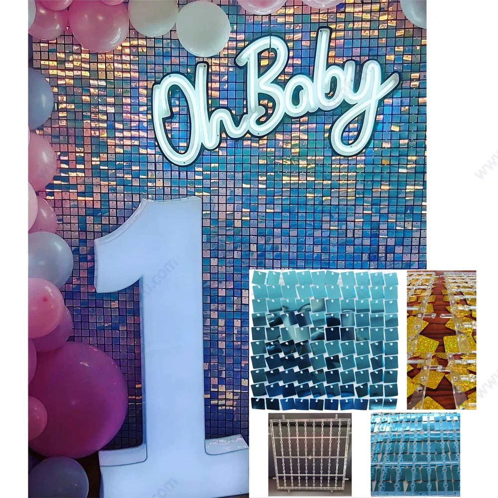 

64pc Shimmer Wall Back Board Baby Shower Birthday Party Wedding Sequin Backdrop Decor Glitter Laser Square Background Decoration