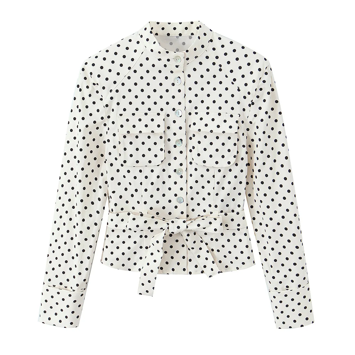 Women's Fashion Casual Style Shirt Jacket Women Polka Stand Collar Belted Shirt And Wide Leg Pants Outfit Pure Desire F6PJ