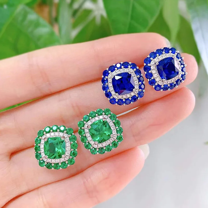 

Luxury 925 Sterling Silver Cushion cut Sapphire Emerald Blue Topaz Gemstone Earrings Wedding Engagement eternal Jewelry