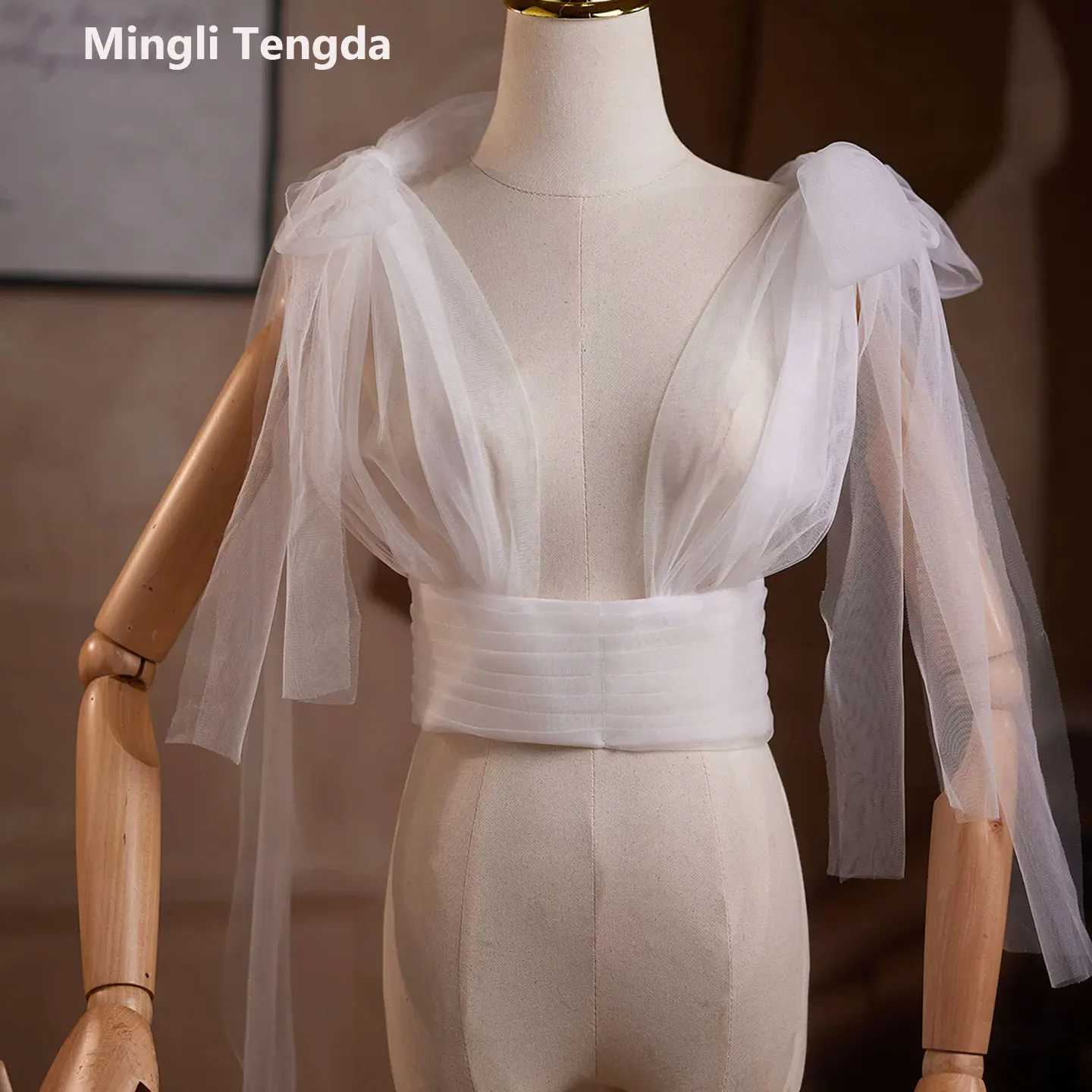 

Mingli Tengda Tulle Shawl Bride Party Double Shoulder Tie Bow Jacket Women Bolore Wedding Accessories Bridal Warp Custom Made