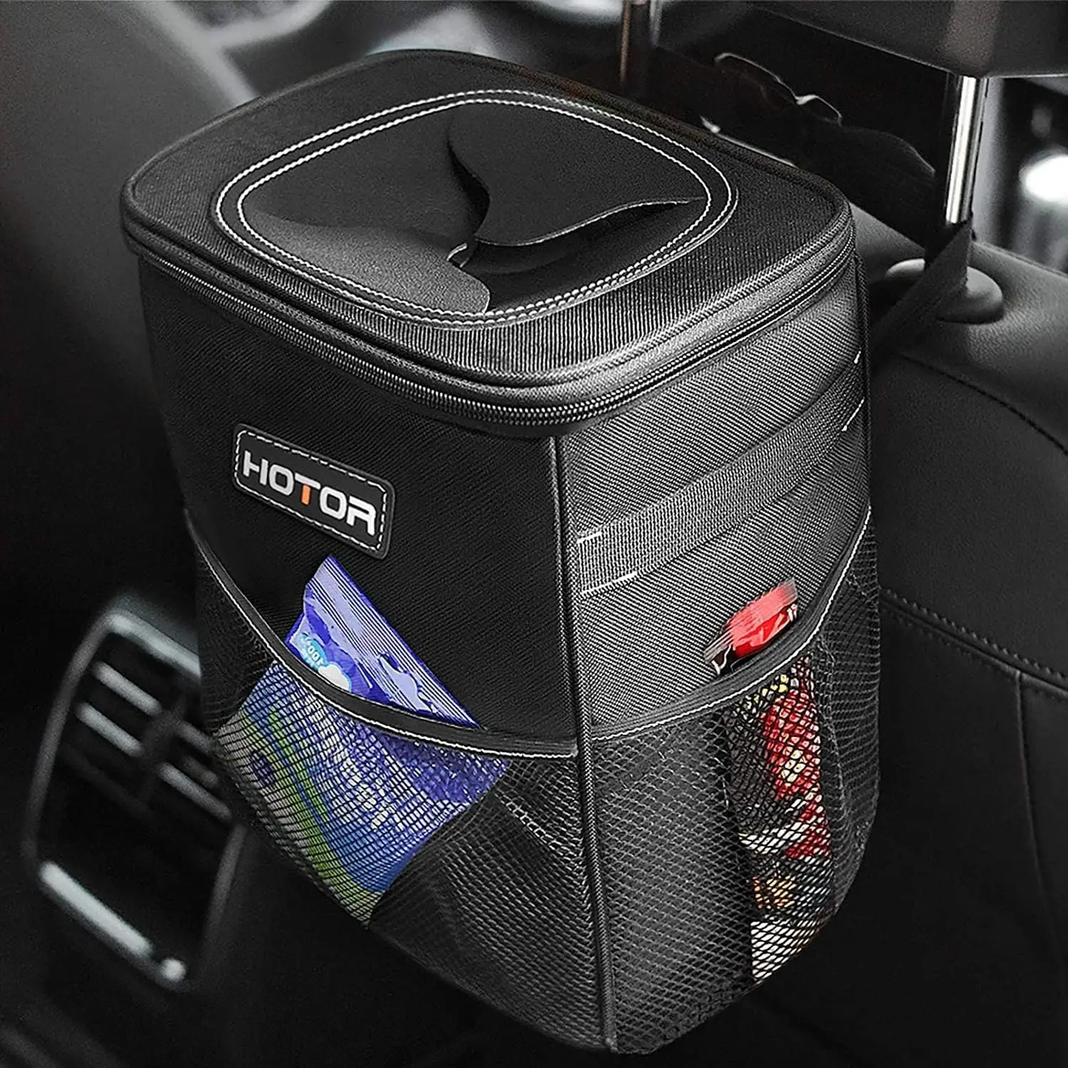 

Leak-Proof Car Trash Can with Lid and Storage Pockets, Waterproof Garbage Bin for Auto, 2 Gallons, Black
