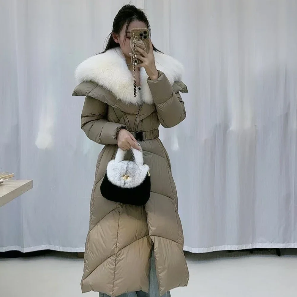Nuevo Otoño Invierno cuello de piel de zorro abrigo de plumas de ganso blanco ropa de mujer largo grueso cálido chaqueta acolchada esponjosa de piel Real femenina