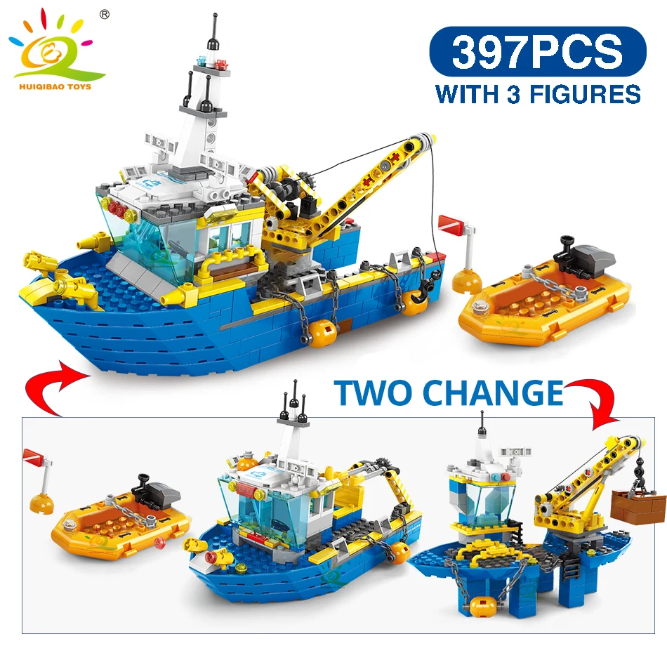 HUIQIBAO TOYS Engineering Boat Station Building Blocks City Construction MOC Crane Ship Bricks Set Children Kids Toys for Boy