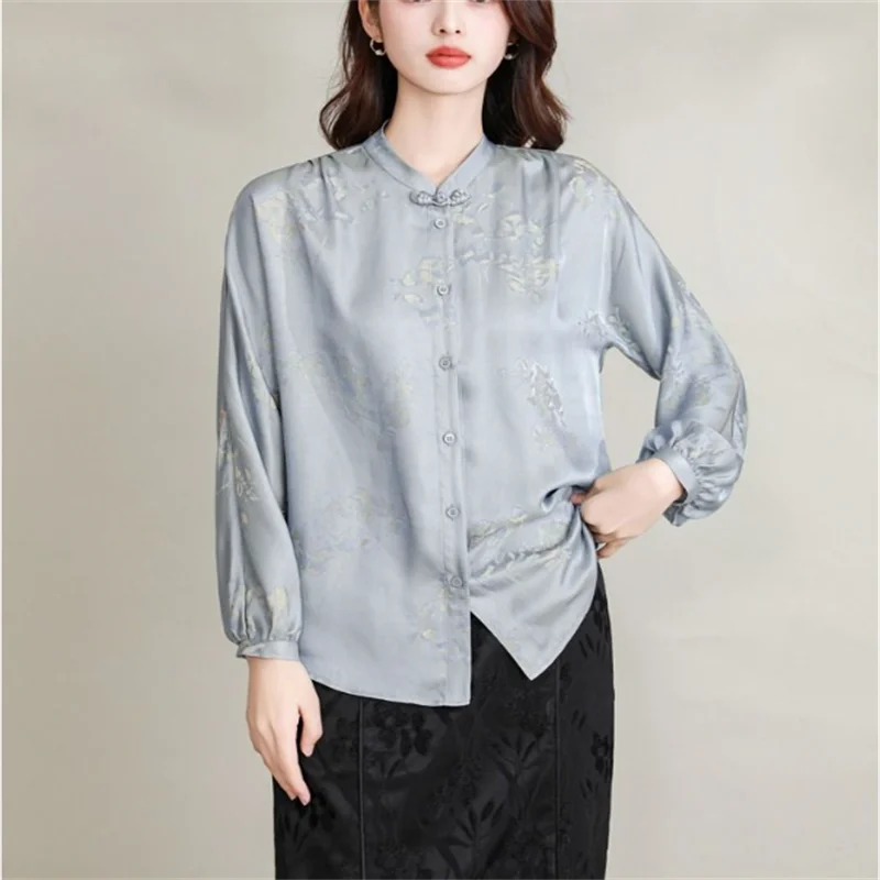 Vintage Blouses Women's Shirt National Style Stand -up Shirt Dial Buckle Cardigan Top Jacquard Shirt For Women Loose Shirt