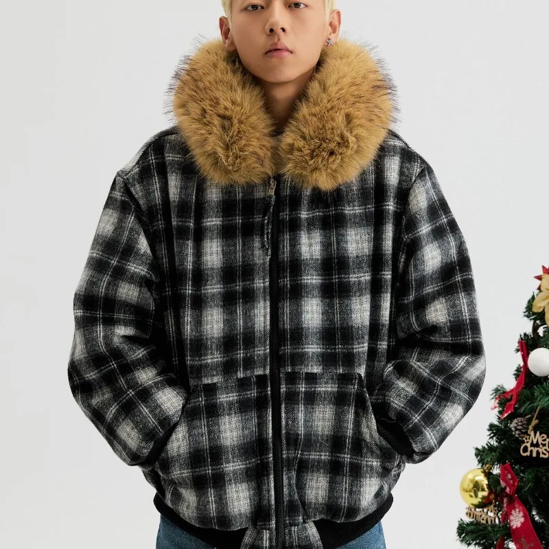 الموضة الأمريكية منقوشة الفراء طوق مقنعين سترة قطن للأزواج الشتاء سميكة معطف غير رسمي الاتجاه الملابس الذكور #3