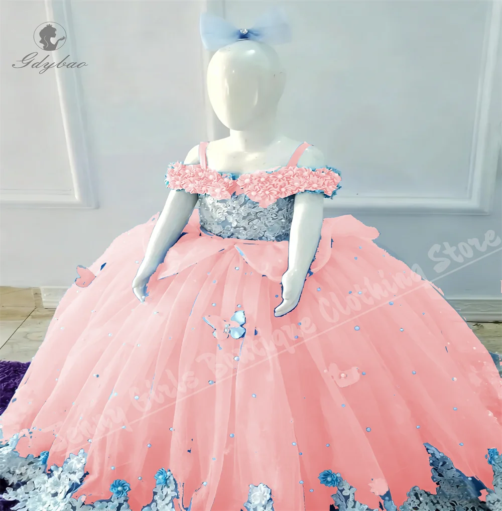 Adorable Light Blue Flower Girl Dress With White Pearl Decorations And Thin Straps Suitable For Weddings Parties Photo Shoots