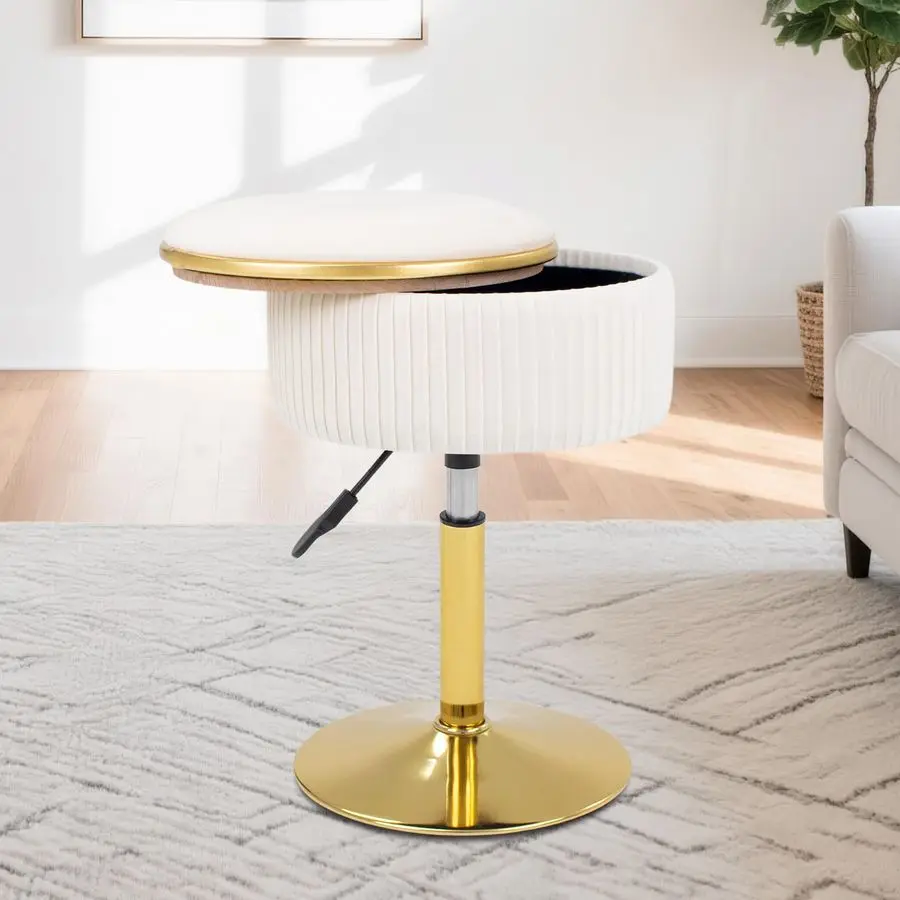 

Adjustable Vanity Stool with Storage, 360 Swivel Gold Chair, Velvet Small Round Ottoman Footrest for Bathroom, Makeup Room, Bei