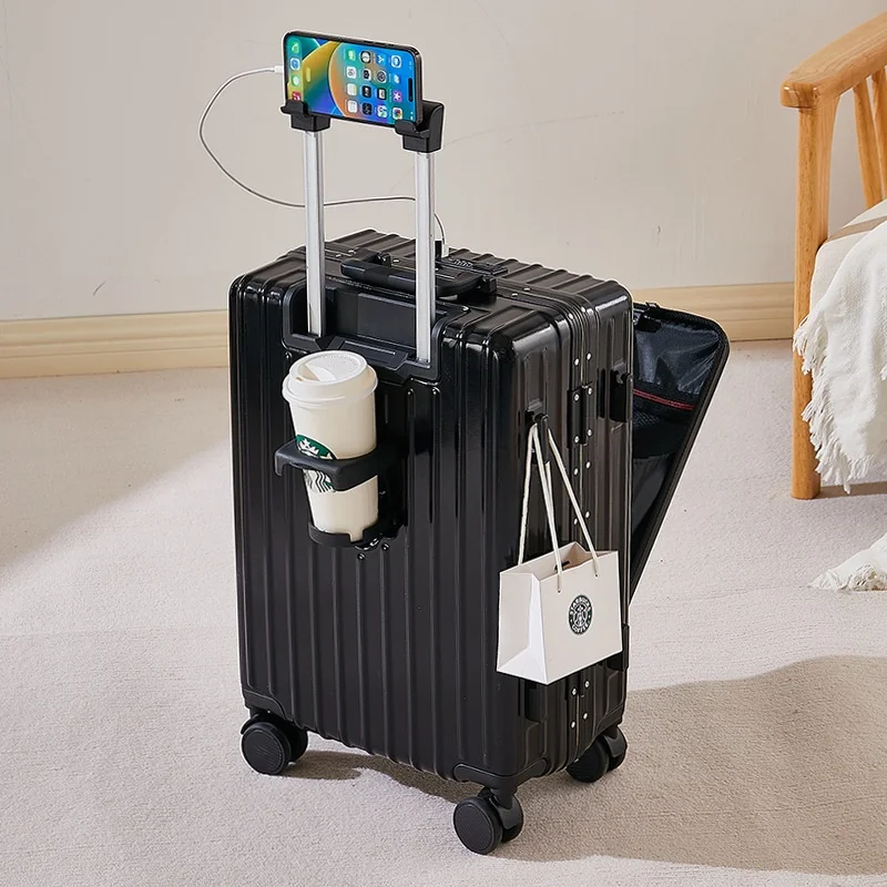 Voorste Koffer Aluminium Frame Zakelijke Trolley Case Universele Wielbagage Usb Oplaadpoort Met Opvouwbare Bekerhouder