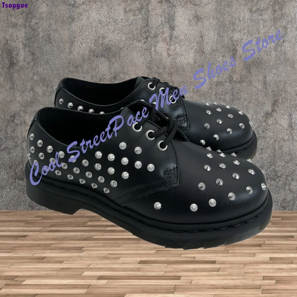 Punk Runway Style Silver Studded Low Top Shoes for Men Round Toe Lace-up Leather Shoes Thick Sole Punk Street Fashion Footwear