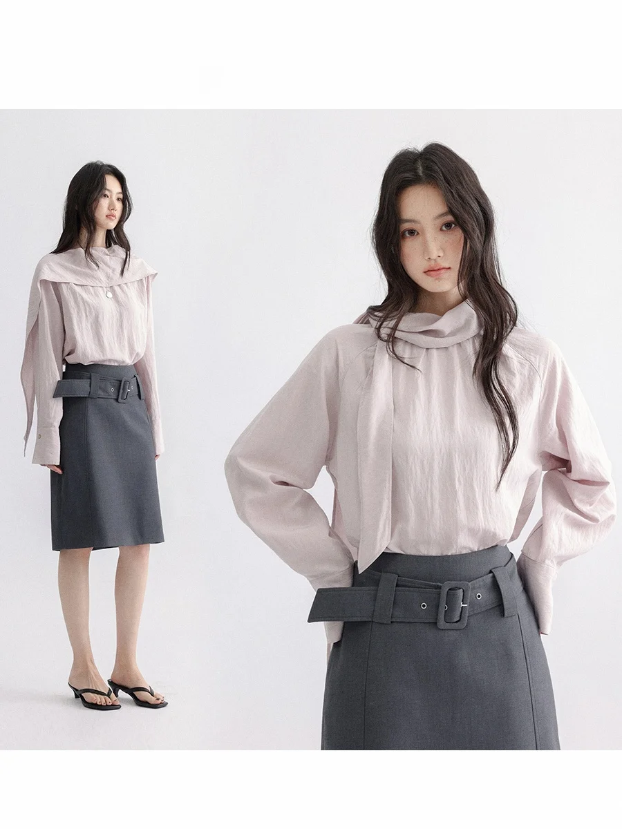 

Chacha Spring Early Pink Shirt Women's Loose Style Pleated Sash Draped Collar Lazy Fashion Design Casual Comfortable Top