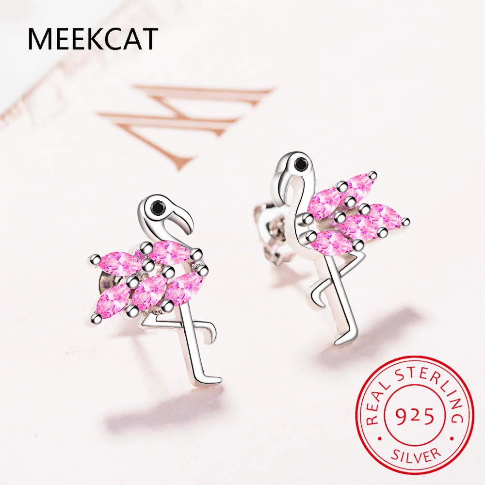 Real 925 Sterling Silver Sweet Pink Zircon Flamingo Stud Earrings For Daughter Girls Kids Lady Fine Gift Jewelry DK071