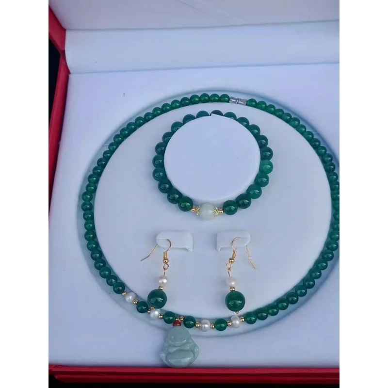 Pearl Agate Jade Gold Jade Three-Piece Jewelry Set Necklace Bracelet Earrings Set Women's Jewelry