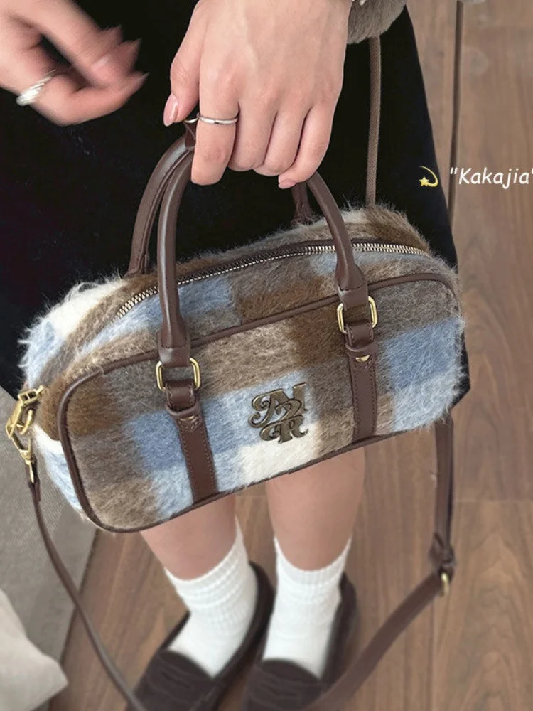 Korean Fashion  Vintage Preppy Style Plaid Woolen Women Handbag Trendy Streetwear Y2k Ladies Shoulder Crossbody Bag