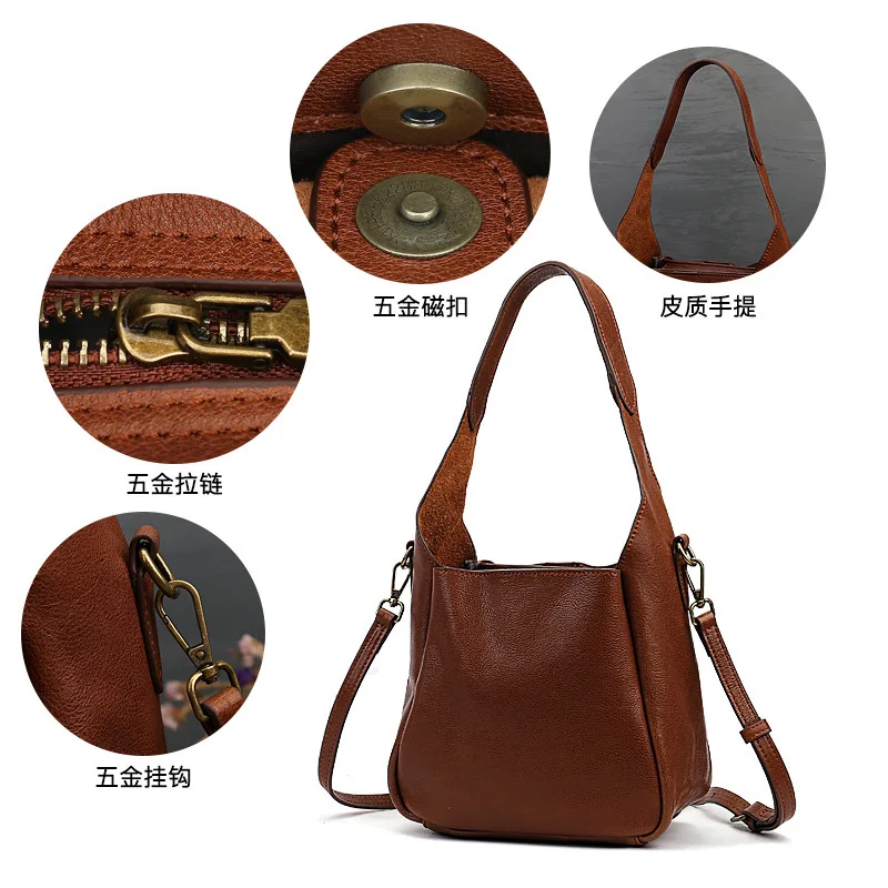 2024 New Retro Genuine Leather Women Shoulder Designer Bags Luxury For Ladies Handbag Large Capacity Natural Cowhide Bag