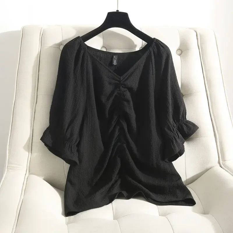 

M-4XL Blouse Women Elegant Simple V-neck Loose Stylish Korean Fashion Ladies Tops All-match Summer Popular Girls Outerwear Chic