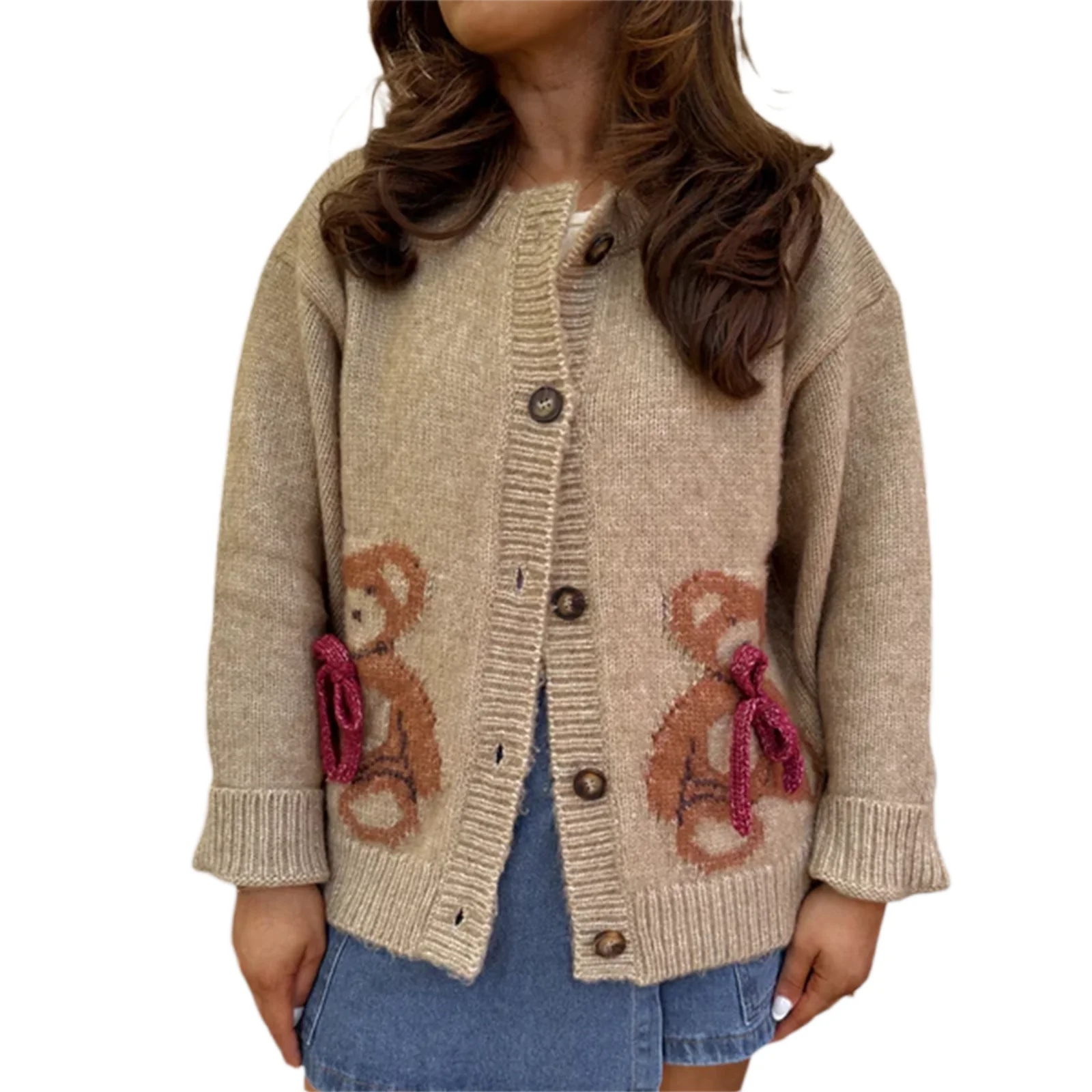 

Women's Button Up Bear Print Knitwear Autumn Sweater Cardigan Long Sleeve 2000s Streetwear Aesthetic Cardigan