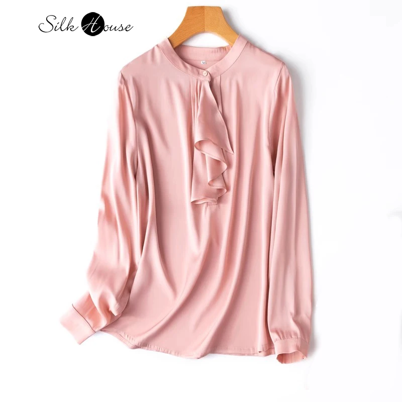 

19MM Light Luxury Texture 93% Natural Mulberry Silk Elastic Double Qiao Satin Stand Collar Lotus Leaf Edge Long Sleeve Shirt