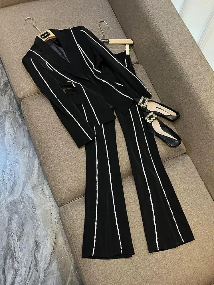 

Faionable 2026 Hollow out Diamond Studded Suit Jaet And Pants Two Piece Set for Women Ages 25-35 Spring Season