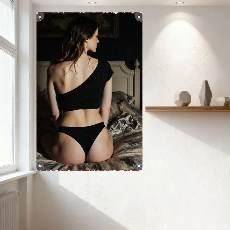 Vintage Woman Long Brown Hair Metal Tin Sign - One-Shoulder Crop Top Bikini Art Poster
