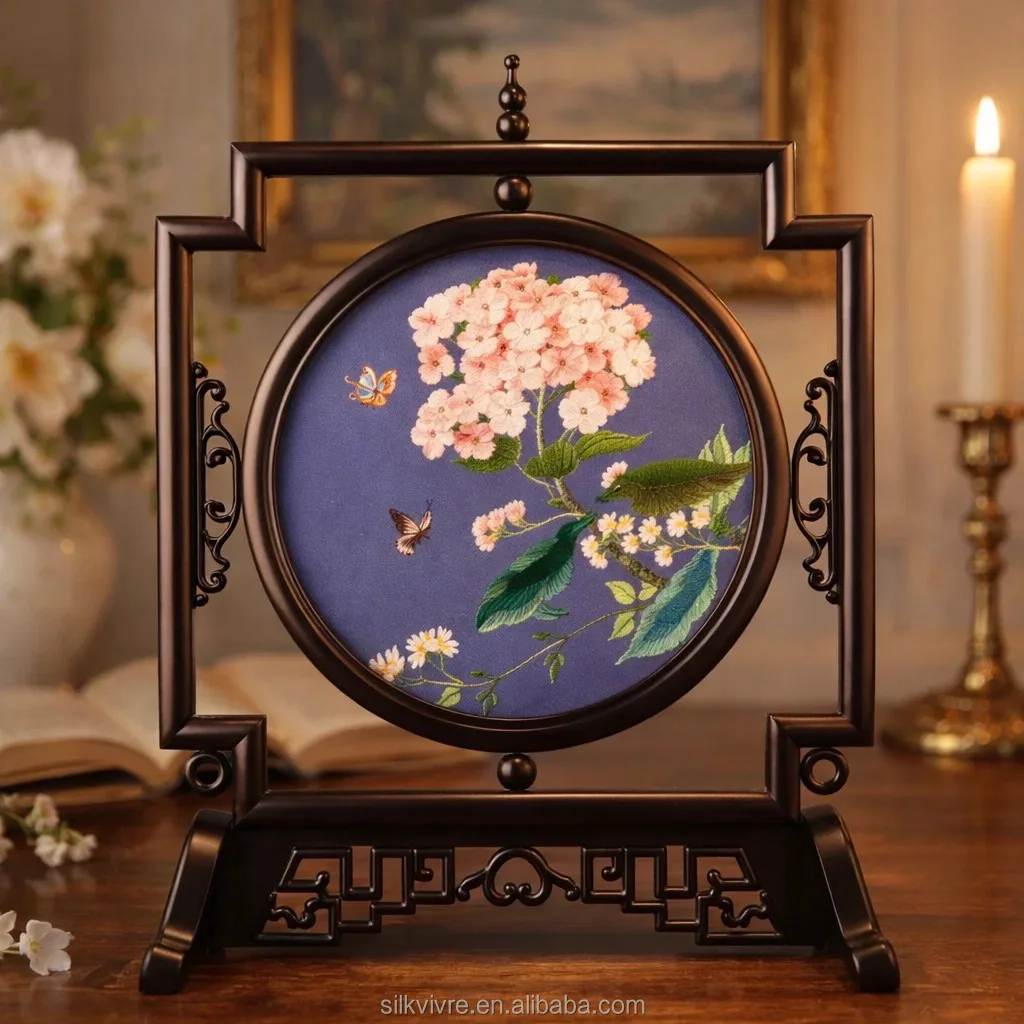 Museum-inspired Suzhou Double-sided Silk Embroidery, Peony Table Display, Silk Floral Embroidery Art,  Boutique Home Decor