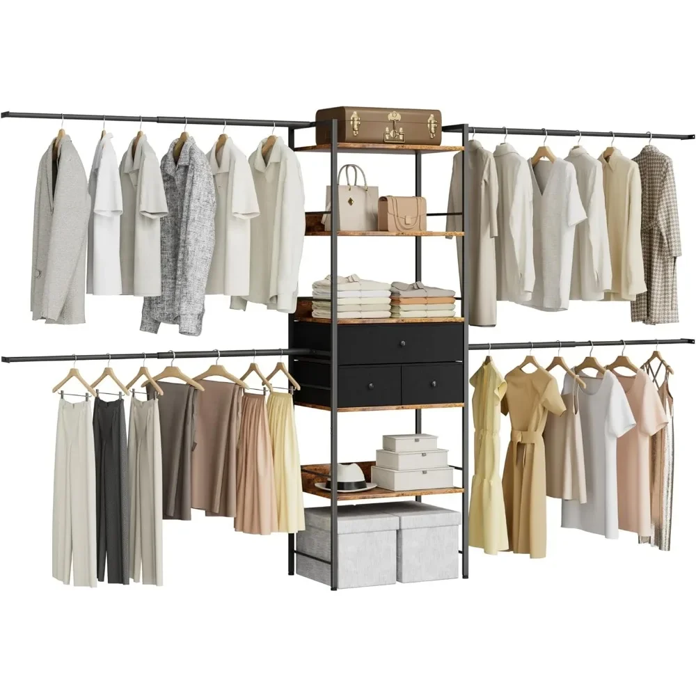 

Walk in Closet Organizers and Storage with 4 Hanging Rods, Wall Mounted Bedroom Heavy Duty Clothes Rack