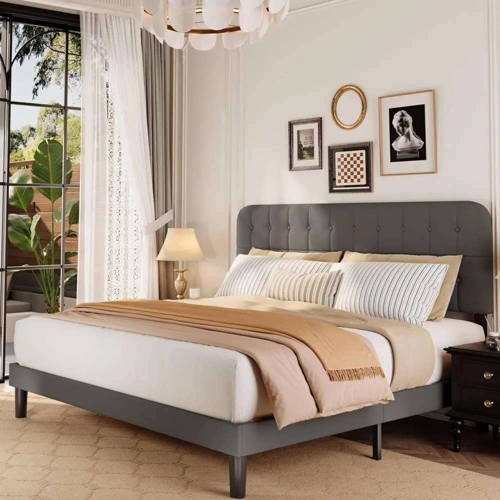 

King Bed Frame with Headboard, Upholstered Platform Bed with Sturdy Wooden Slats, Noise-Free, No Box Spring Needed, Easy Assemb