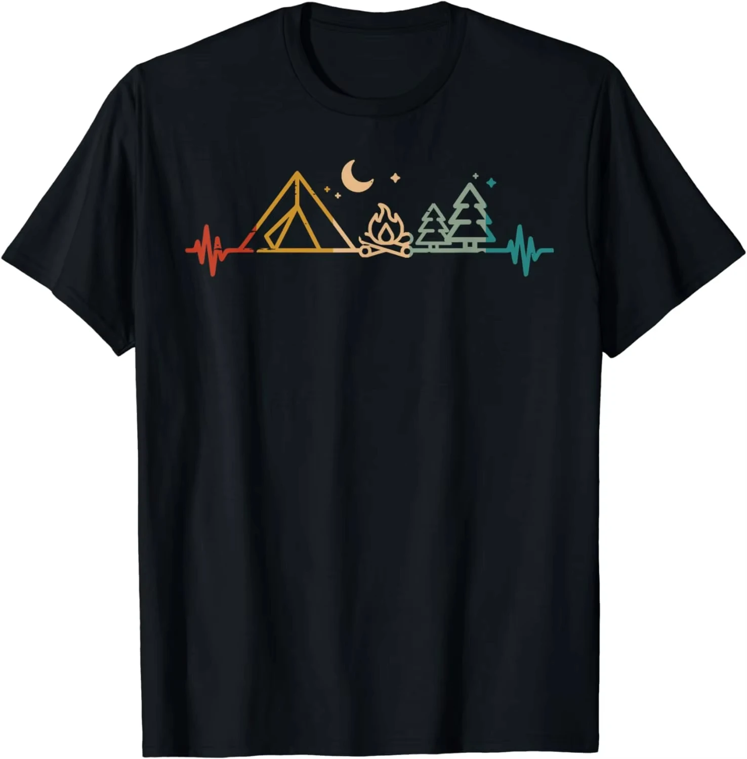 Camping Heartbeat Tent Campfire Trees Graphic T-shirt Unisex Kawaii Vintage Casual Tops For Campers Men Women Kids