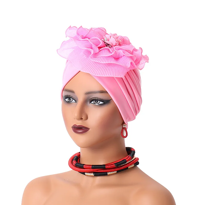 

Lastest Feather Flower Turban Bonnet for Women Muslim Hijab Headscarf Caps Wedding Party Headwear Turbante Mujer African Headtie