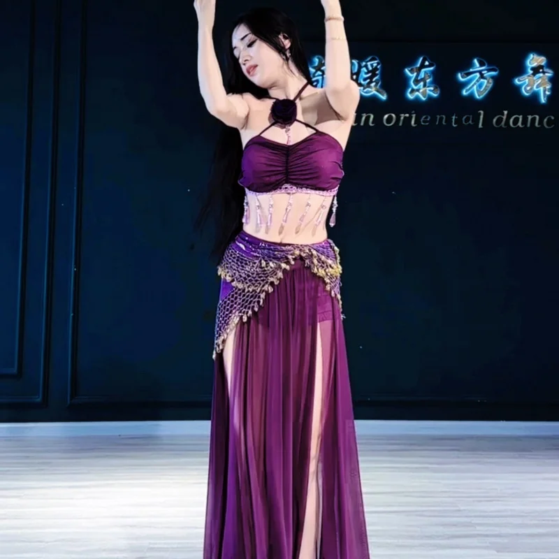 New Belly Dancing Competition Costume for Women's Sexy Tassel Top+Mesh Split Long Skirt 2pcs Oriental Dance Performance Clothing