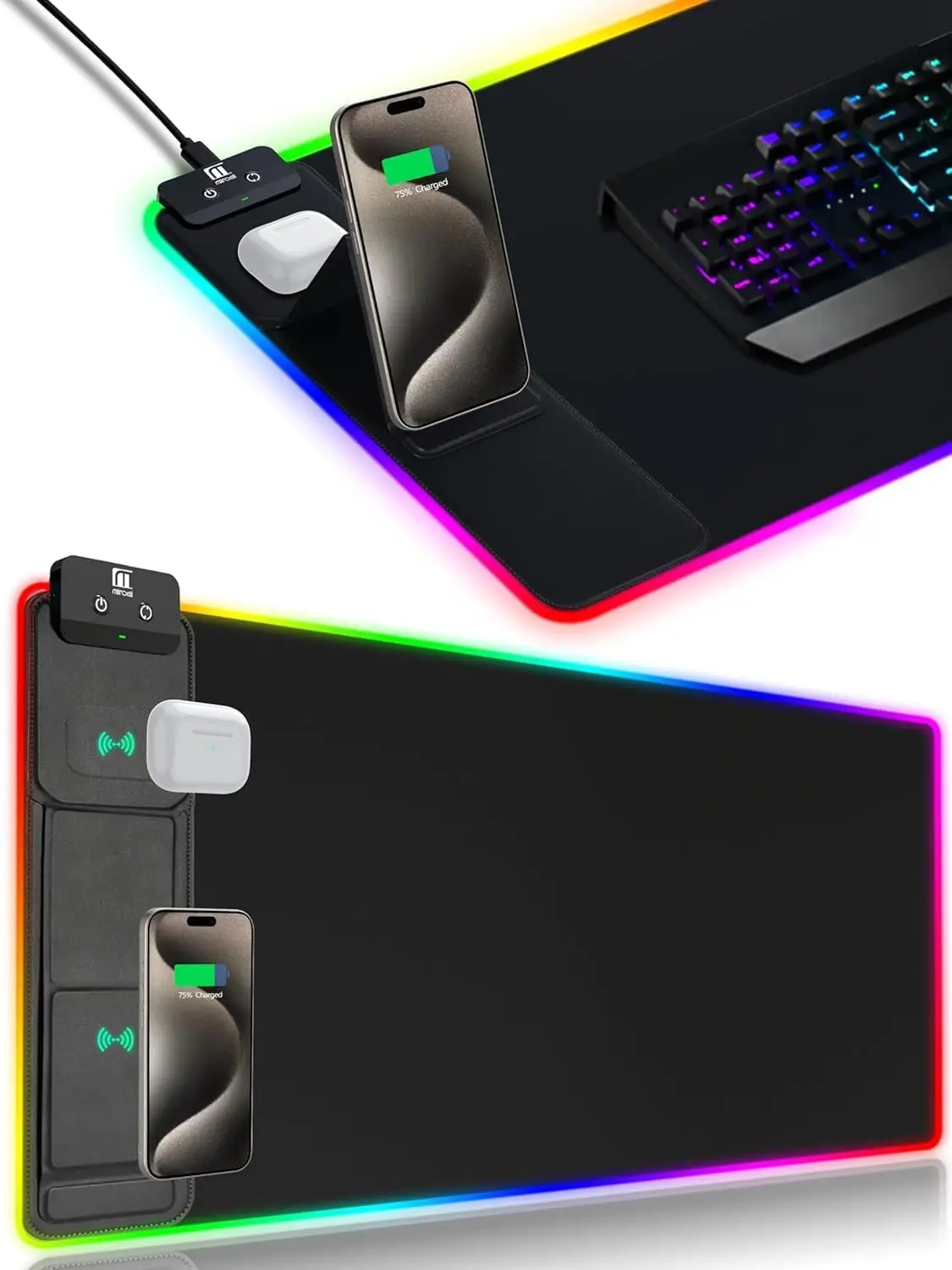 XXL Mouse Pad with P  e Holder - Black, RGB Desk Mat with 15W Fast Charging, LED Gaming Mousepad with 11 Light Colors,
