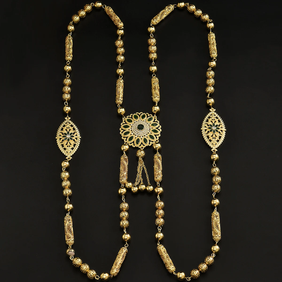 مجوهرات جسم الزفاف المغربي على طراز الشرق الأوسط مصنوعة يدويًا وشاح الزفاف المطلي بالذهب مع قلادة طويلة