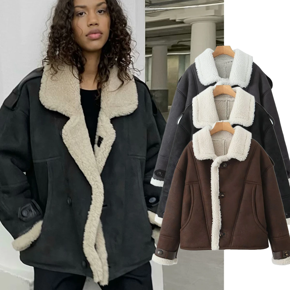 

Maxdutti 2024 Fashionable Girls Retro Lambskin Suede Jacket Coat Women Winter Coat Women Loose Overcoat