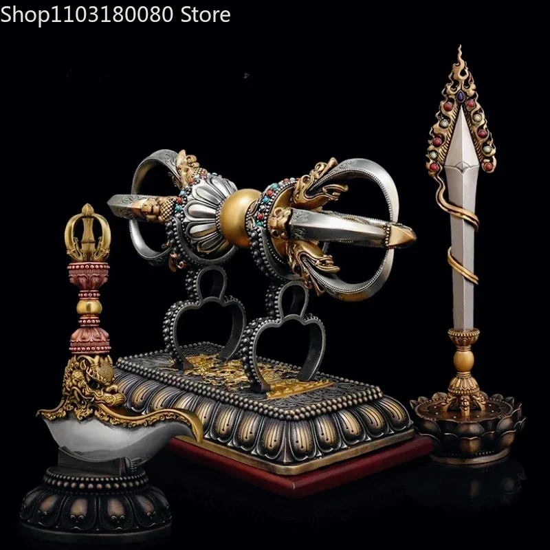 Exquisite White Copper inlay Vajra Dorje gokosho Brass Vajra Tomahawk Manjusri Sword sculpture,30cm,23cm,20cm