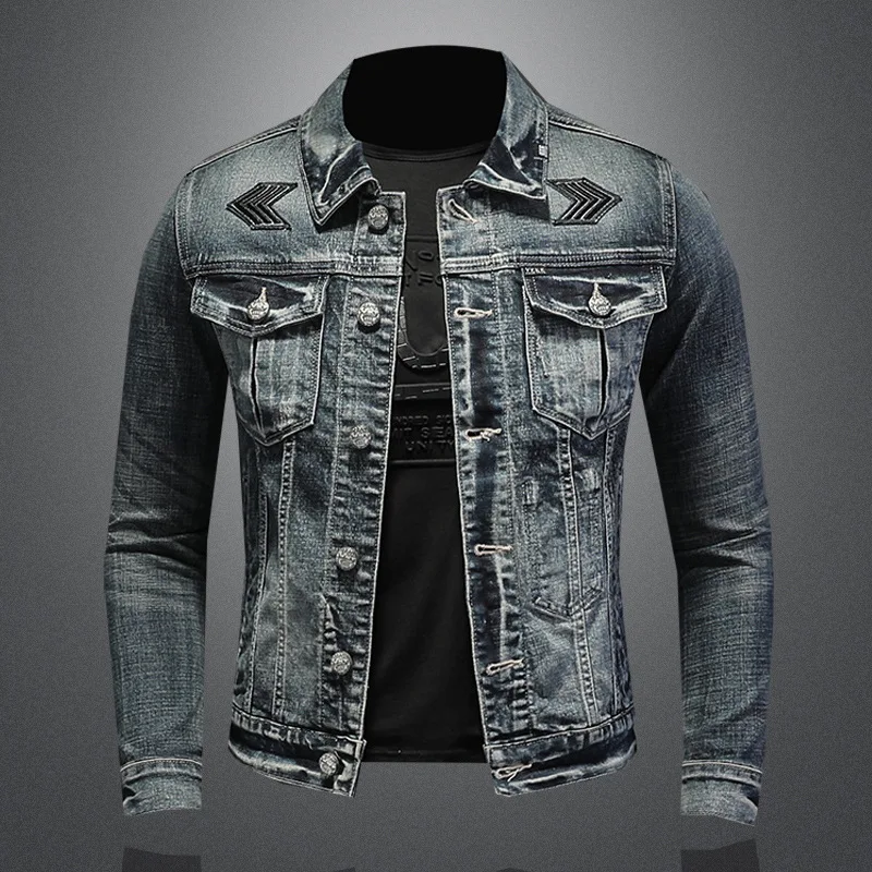 

Spliced Stand Collar Single Breasted Cardigan Jackets Men Denim Coat Button Vintage Loose Fit Outerwear Pockets High Street