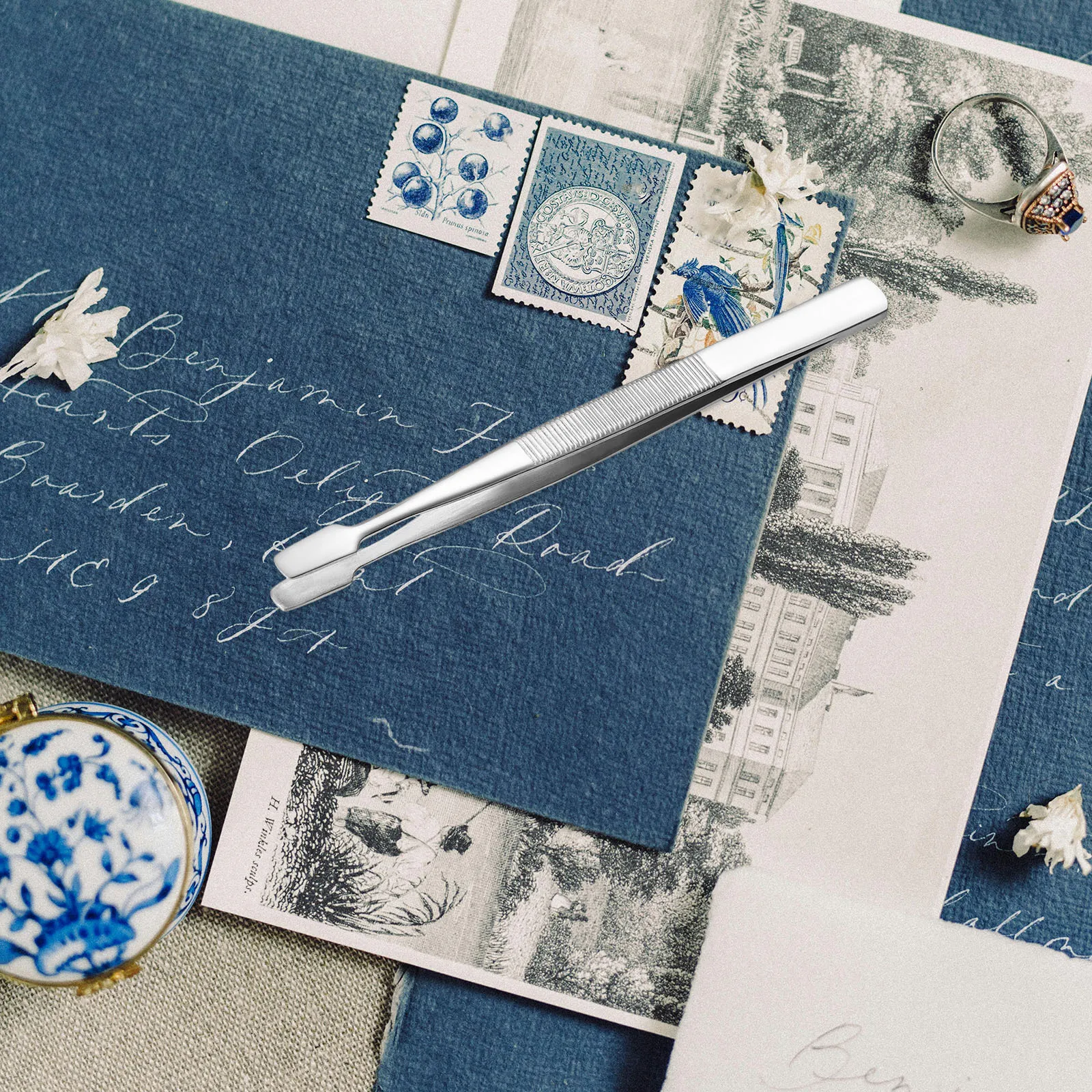 

2Pcs Stamp Tweezers 114mm Nickel Plated Steel Smooth Spade Tips Philately Collectors Tool Set Stamp Tweezers