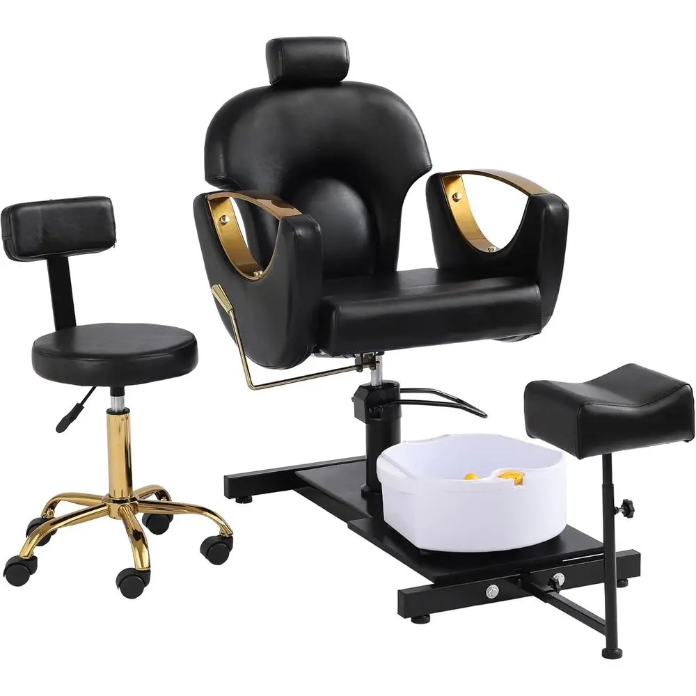 360 °   Cadeira giratória para pedicure com elevador hidráulico ajustável e apoio para os pés, preto-dourado para salões e spas