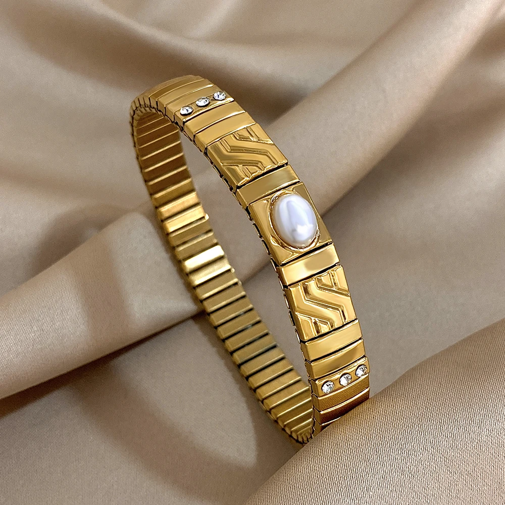 Lifefontier Elastic Stainless Steel Adjustable Bangles Bracelet For Women Men New Star Pearl Wristband Couple\'s Waterproof