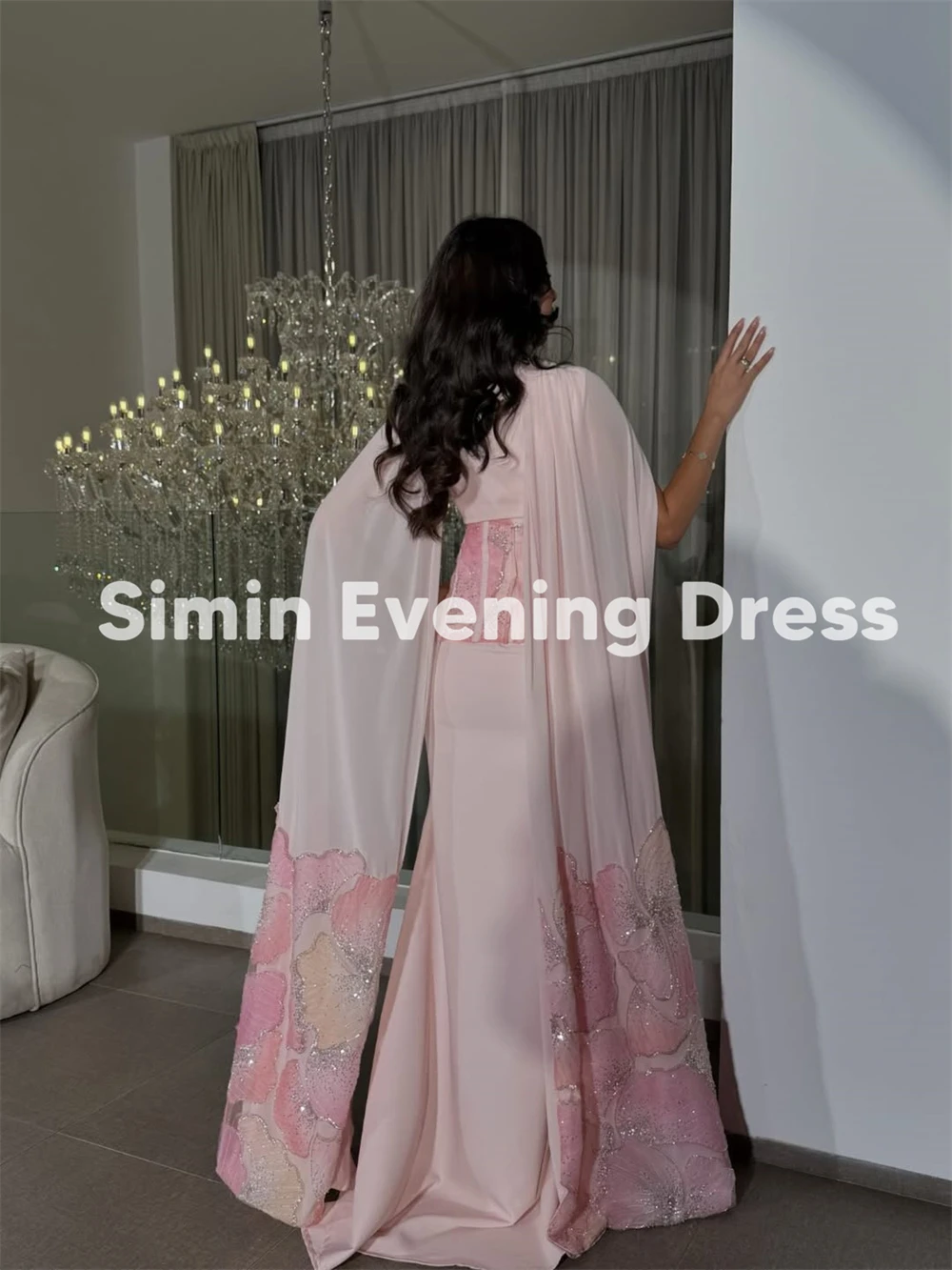 Simin Damen-Abendkleider mit individuellen Blumen, V-Ausschnitt, Falten, Meerjungfrau, Saudi-Arabien, mit ärmellosen, bodenlangen, eleganten Kleidern