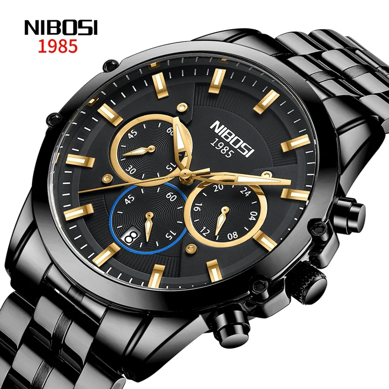 NIBOSI Brand New Sport Quartz Watch for Men Stainless Steel Waterproof Luminous Chronograph Wristwatch Mens Relogio Masculino