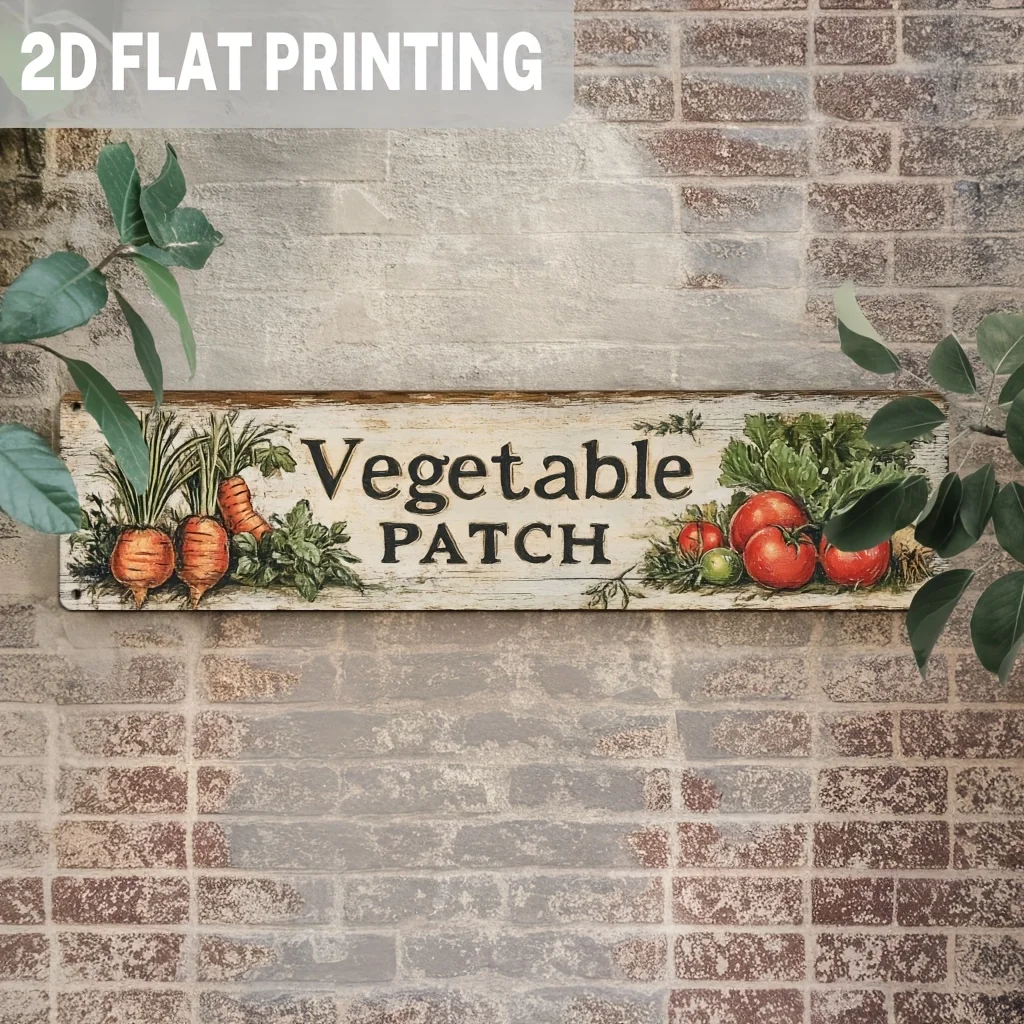 2D Flat, 1pc Rustic Vegetable Patch Metal Wall Sign - Vintage Carved-Look Carrots, Potatoes & Herbs, Distressed Iron Farmhouse
