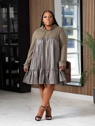 Women Plus Size Casual Autumn Dresses Patchworksweet  Preppy Hooded Dresses Knee Length Loose Waist Dress Wholesale Dropshipping