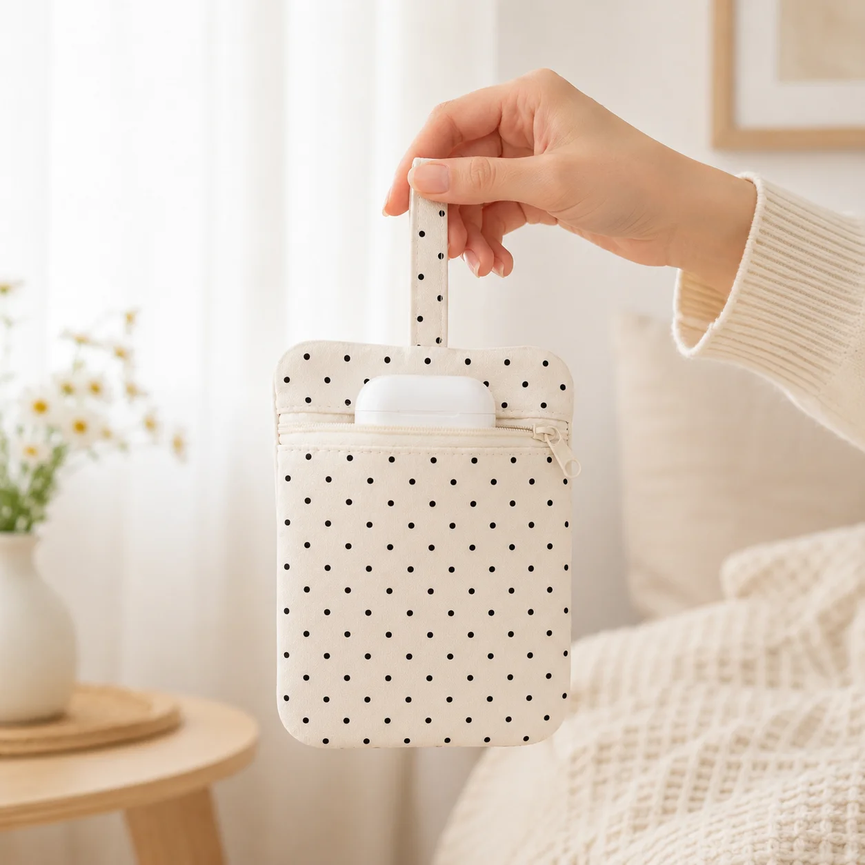 Minimalist Polka Dot Mini Tech Organizer Pouch, Zipper Wristlet Bag for Earbuds, Cables, Women, Travel and Daily Carry